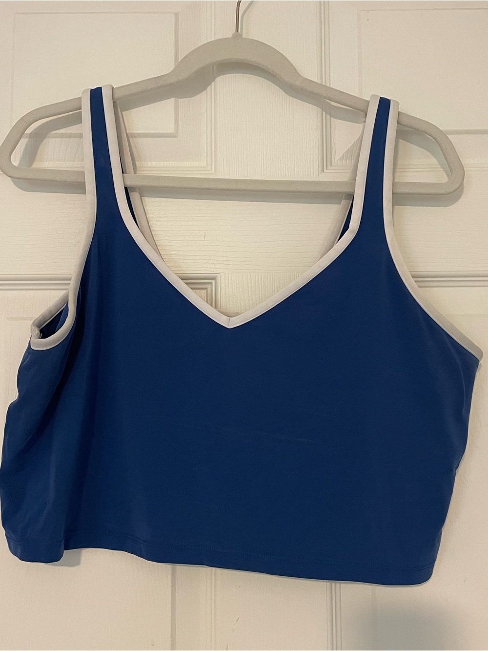 Offline by aerie Blue Cropped V-Neck Sports Bra with White Trim